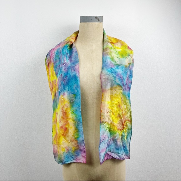 Karen Lyons Hand Painted Silk Scarf Multi Color Rainbow Pastel - Picture 4 of 5